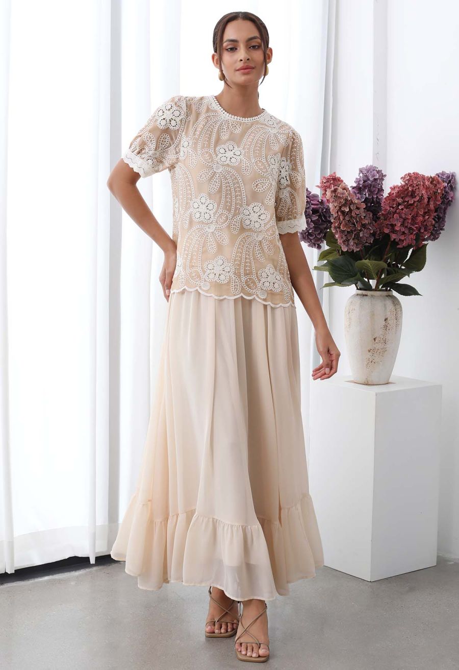 Crew Neck Embroidered Floral Openwork Top in Peach