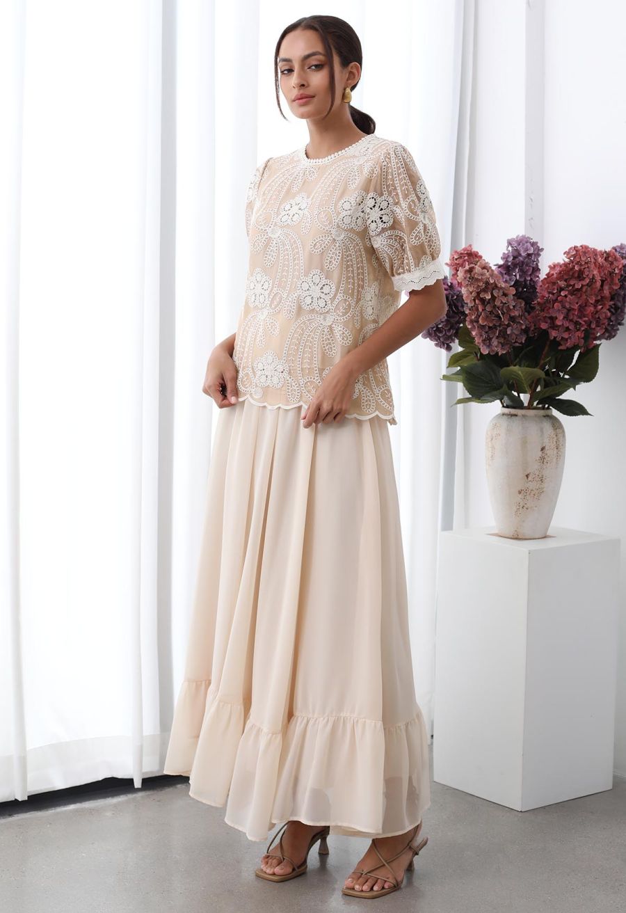 Crew Neck Embroidered Floral Openwork Top in Peach