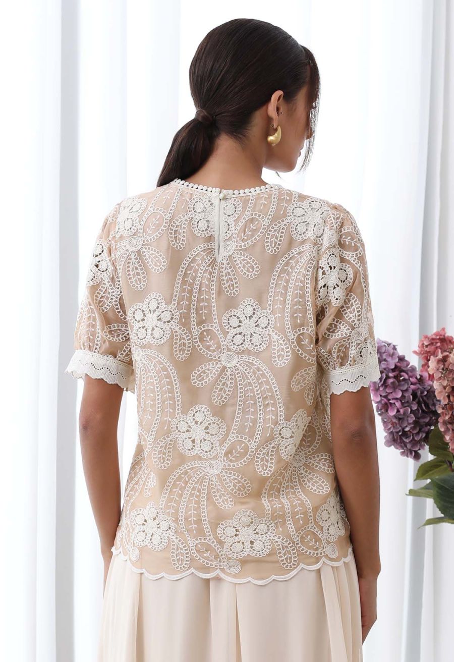 Crew Neck Embroidered Floral Openwork Top in Peach