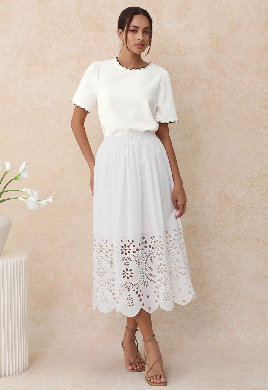 Artistic Floral Cutwork Cotton Midi Skirt