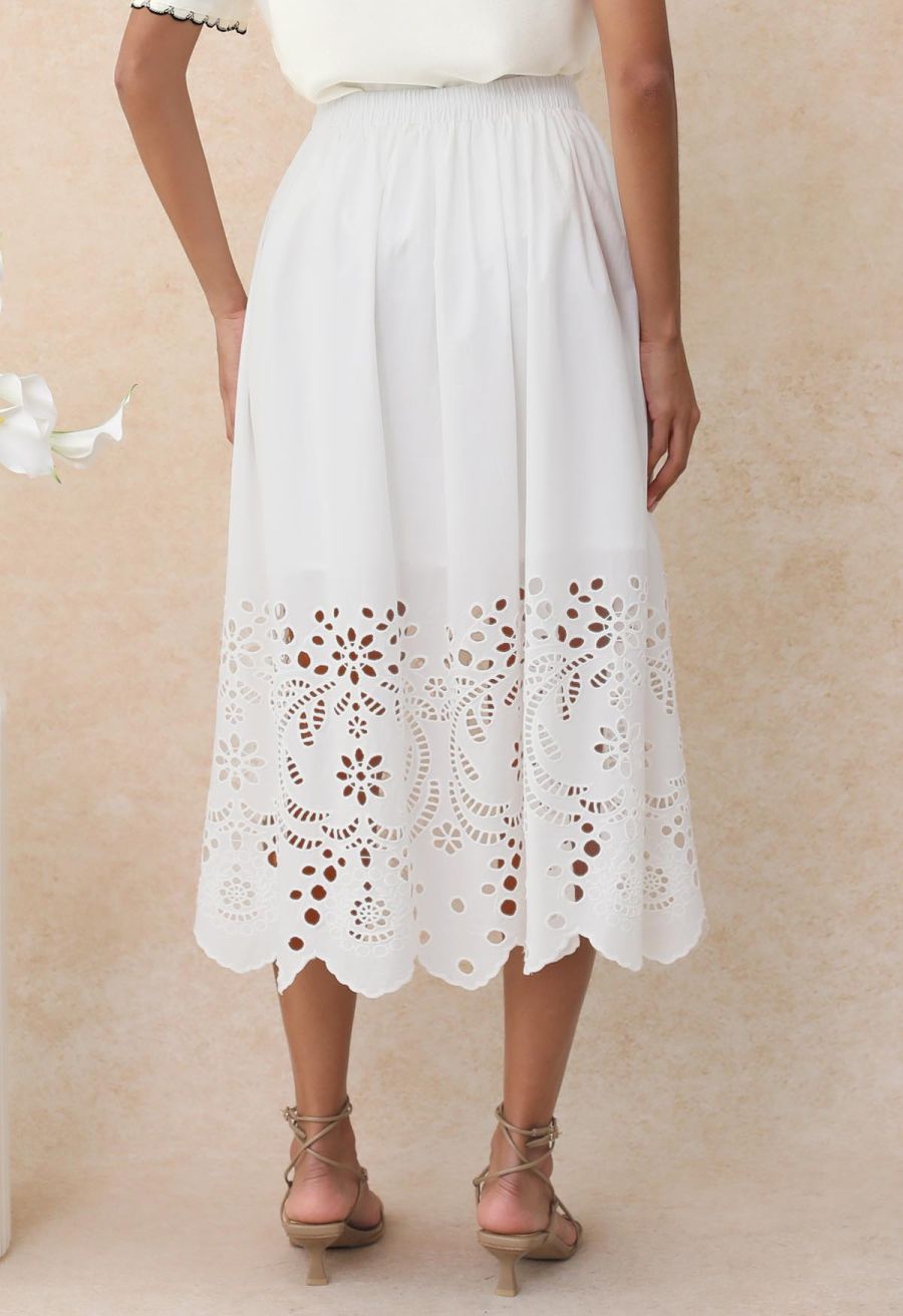 Artistic Floral Cutwork Cotton Midi Skirt