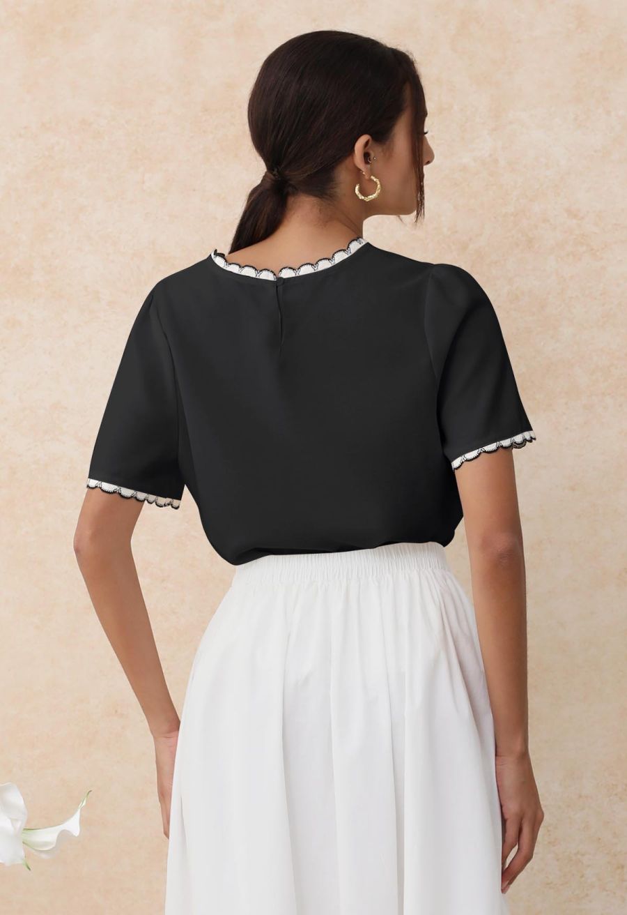Contrast Crochet Edge Short-Sleeve Top in Black