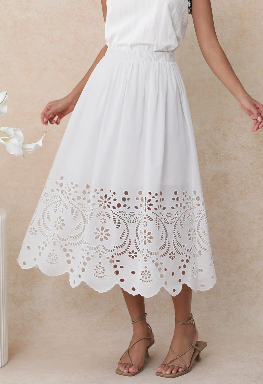 Artistic Floral Cutwork Cotton Midi Skirt