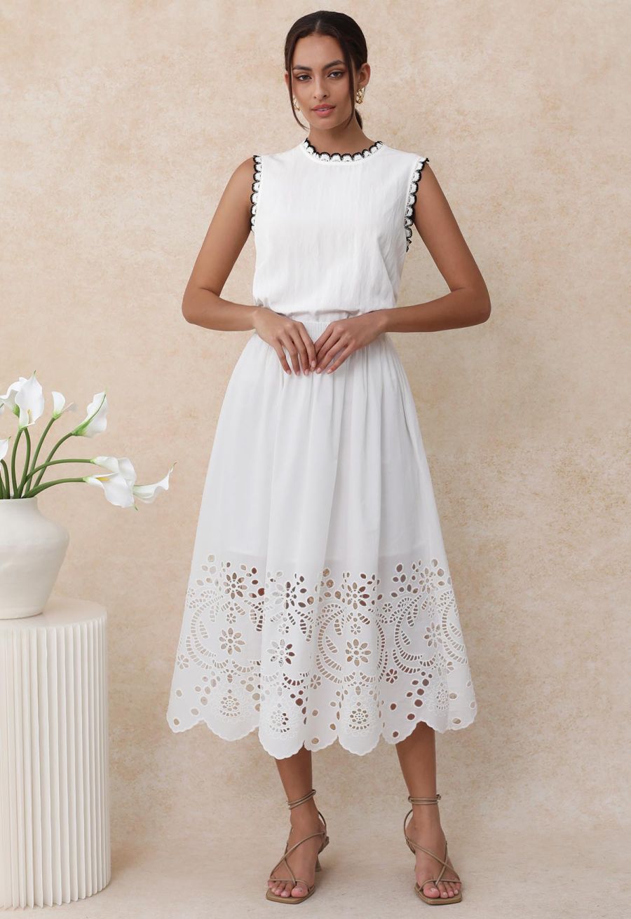 Artistic Floral Cutwork Cotton Midi Skirt