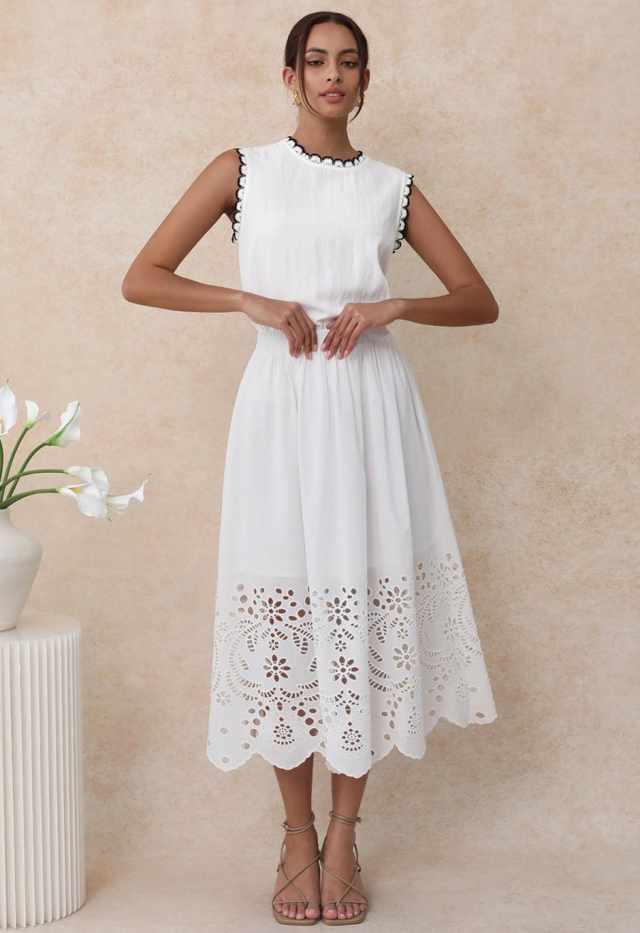 Artistic Floral Cutwork Cotton Midi Skirt