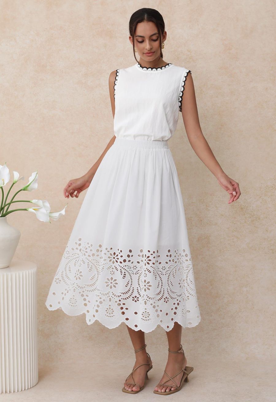 Artistic Floral Cutwork Cotton Midi Skirt