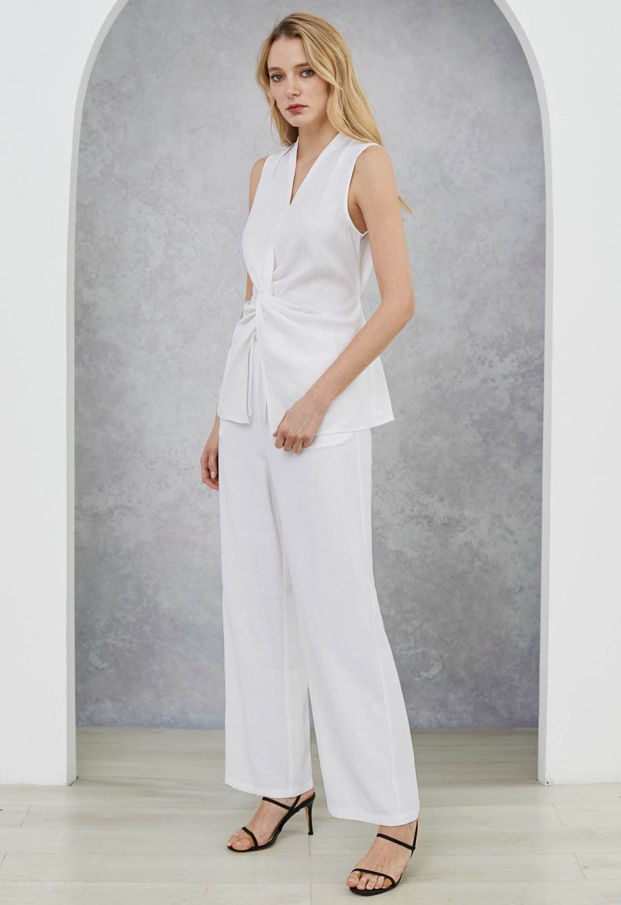 Knot Front Tie-Back Sleeveless Top in White
