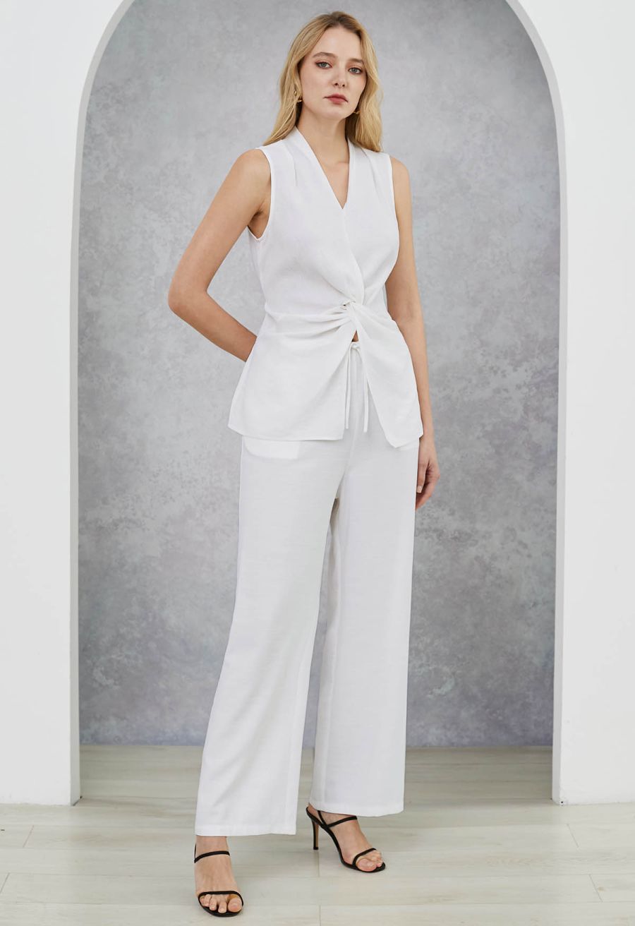 Knot Front Tie-Back Sleeveless Top in White