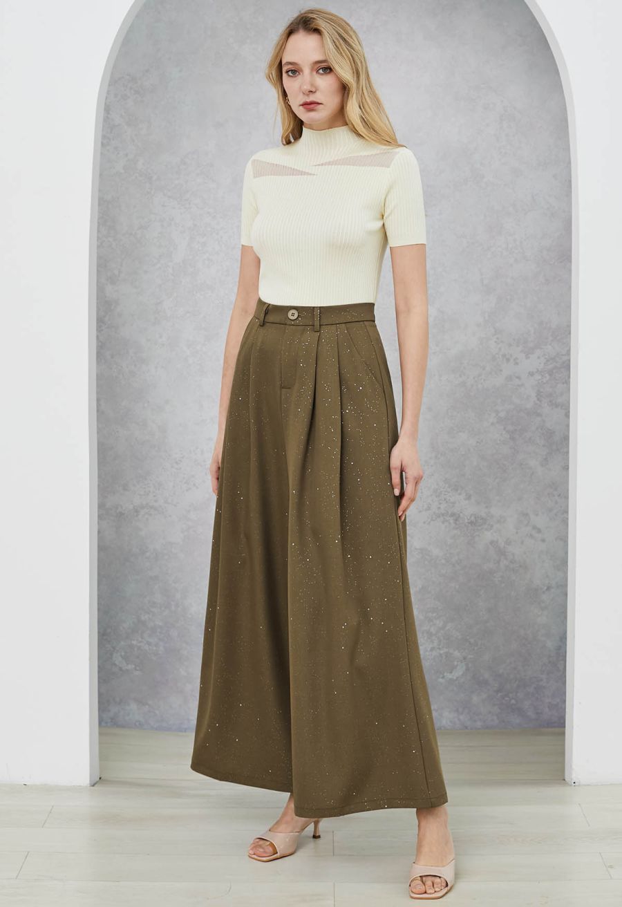Glitter Accent Wide-Leg Palazzo Pants in Brown