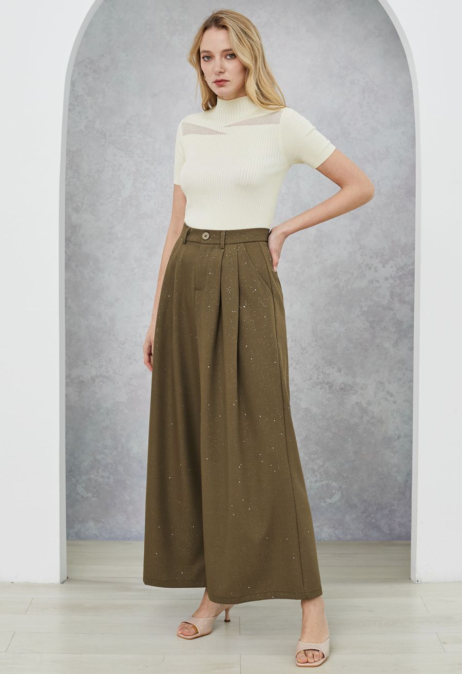 Glitter Accent Wide-Leg Palazzo Pants in Brown