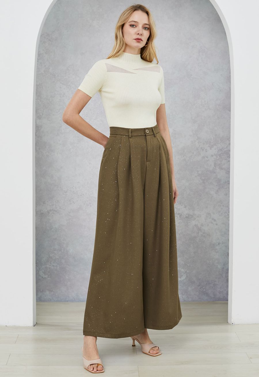 Glitter Accent Wide-Leg Palazzo Pants in Brown