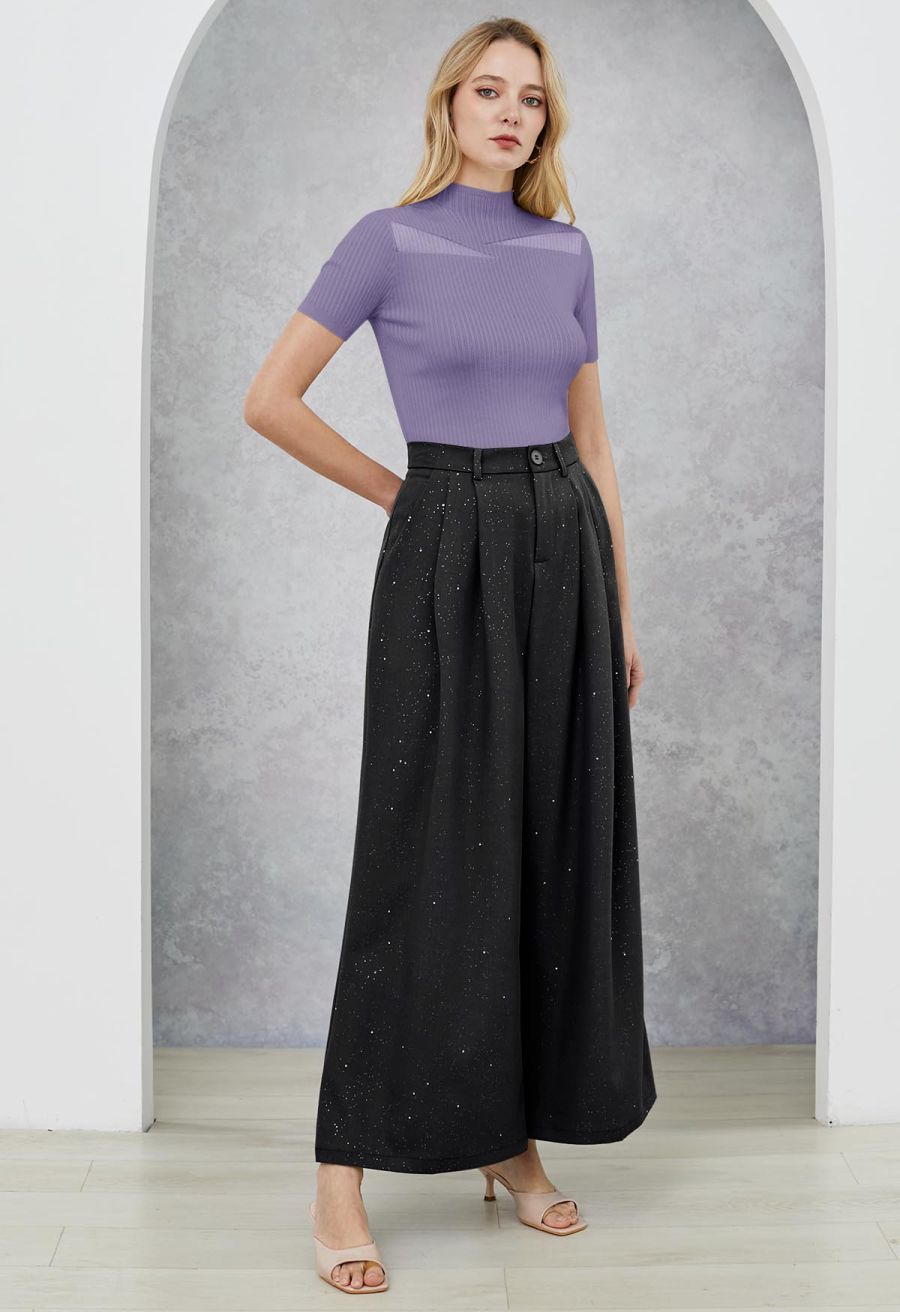 Mock Neck Mesh Inserted Short Sleeve Top in Purple