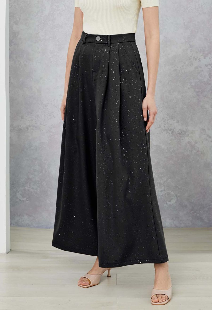 Glitter Accent Wide-Leg Palazzo Pants in Black