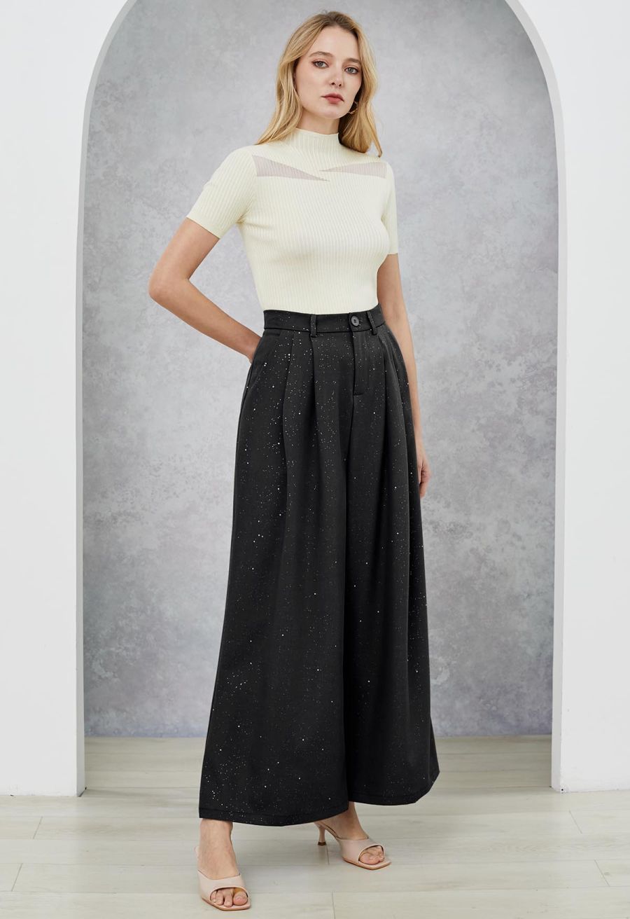 Glitter Accent Wide-Leg Palazzo Pants in Black
