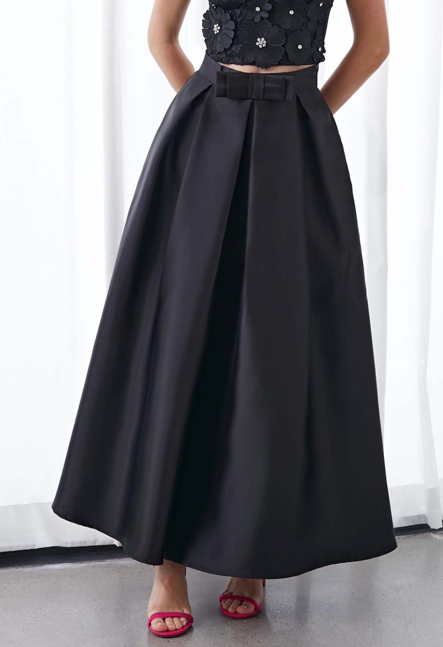 Luxurious Night Bowknot Pleated A-Line Skirt in Black