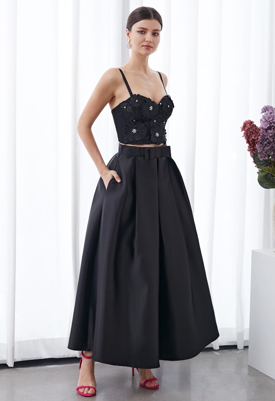 Luxurious Night Bowknot Pleated A-Line Skirt in Black