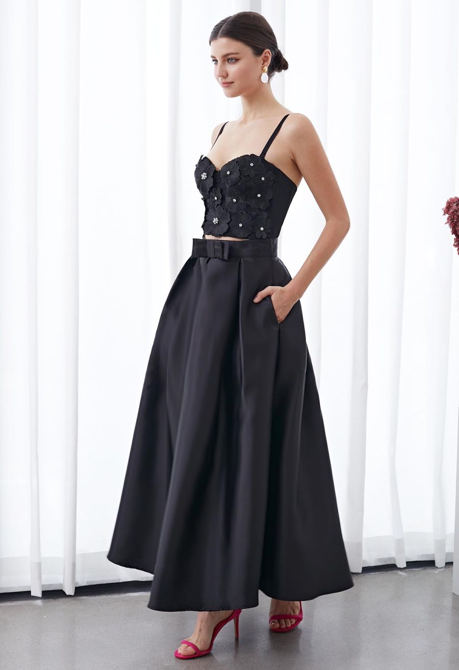 Luxurious Night Bowknot Pleated A-Line Skirt in Black