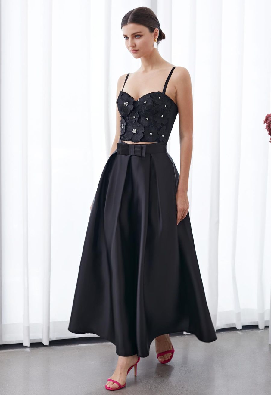 Luxurious Night Bowknot Pleated A-Line Skirt in Black