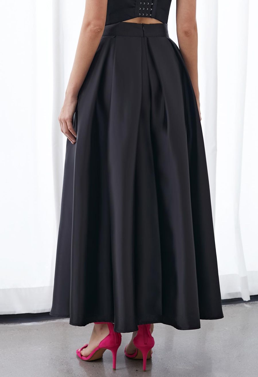 Luxurious Night Bowknot Pleated A-Line Skirt in Black