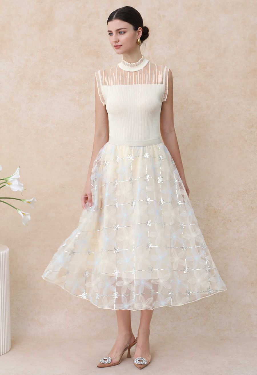 Ruffled Mock Neck Mesh Spliced Knit Top in Ivory