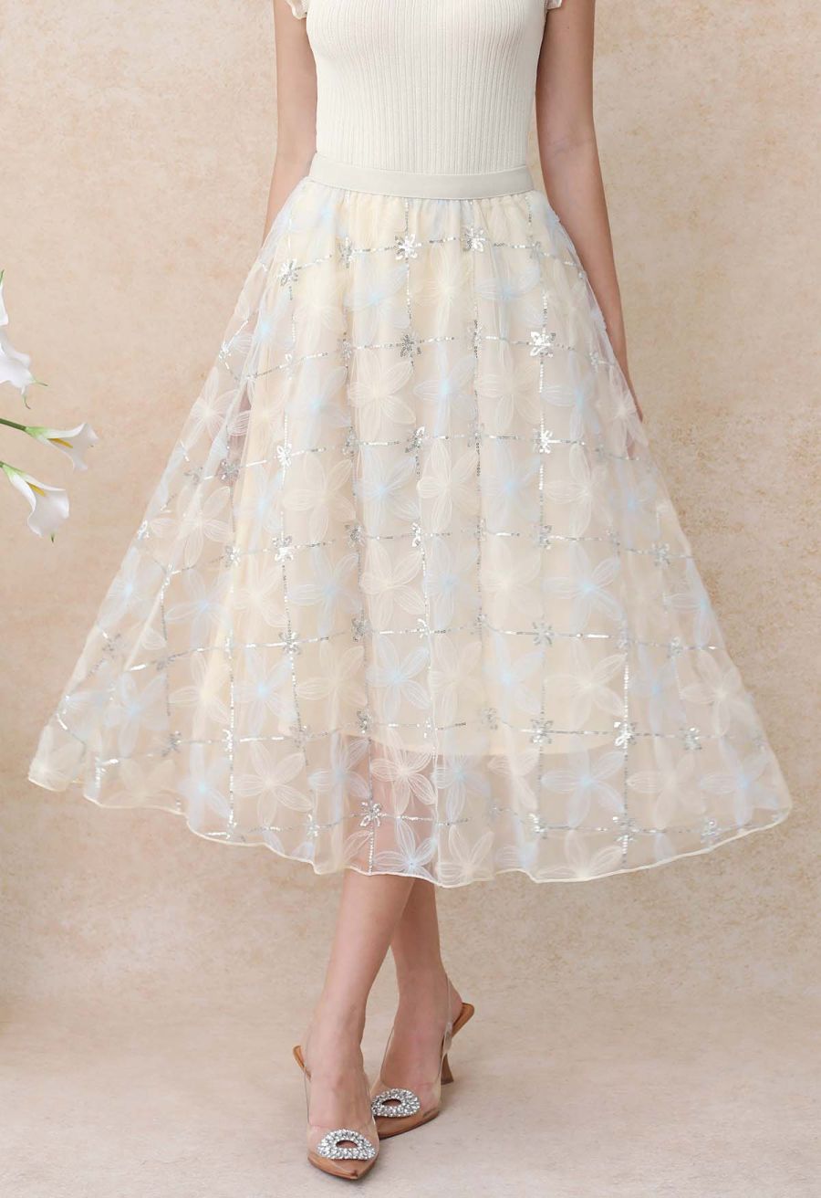 Floral Applique Sequin-Embellished Mesh Tulle Skirt in Light Blue