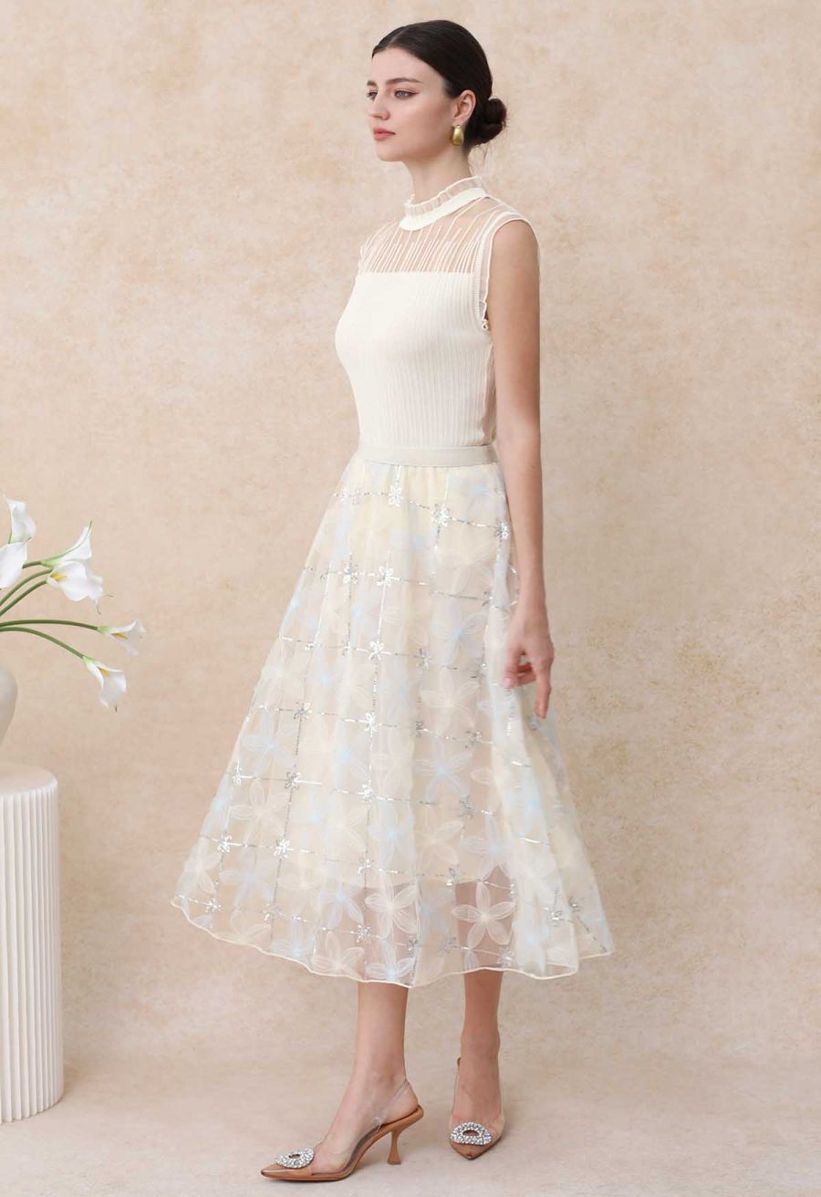 Ruffled Mock Neck Mesh Spliced Knit Top in Ivory