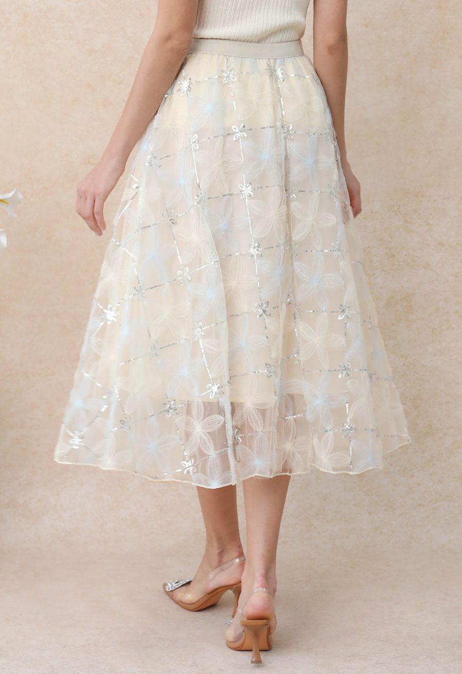 Floral Applique Sequin-Embellished Mesh Tulle Skirt in Light Blue