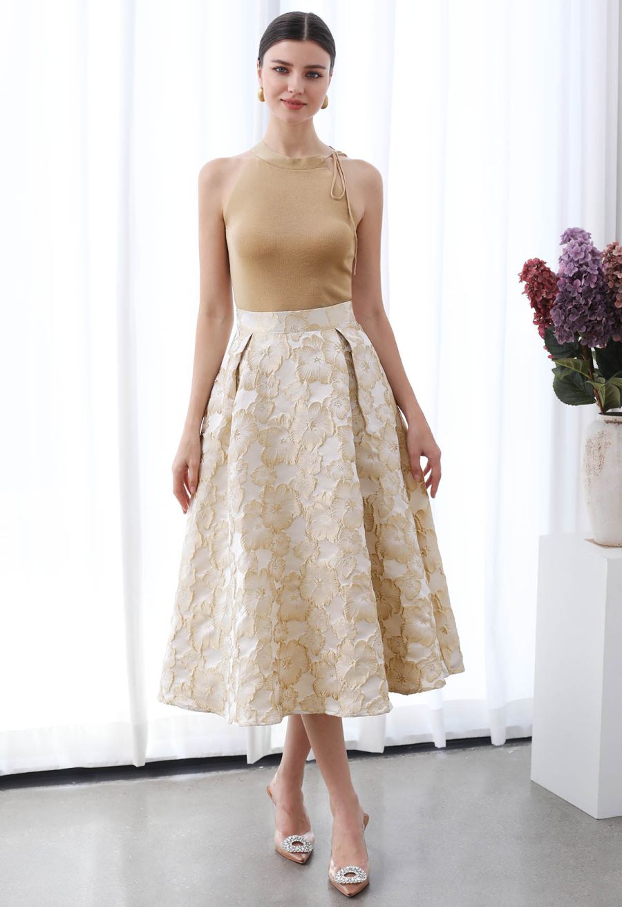 Thriving Golden Blossom Embossed Jacquard Midi Skirt