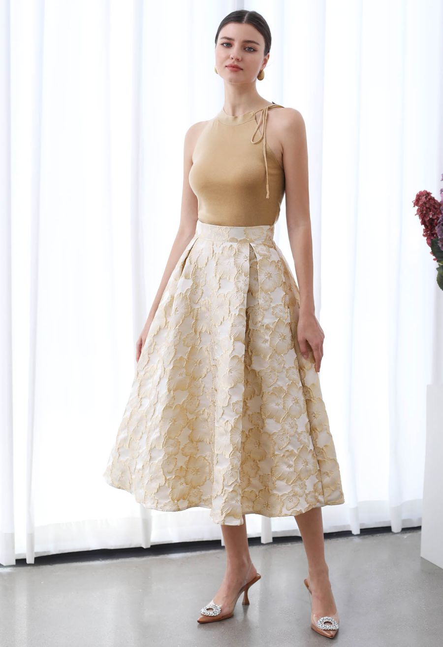 Thriving Golden Blossom Embossed Jacquard Midi Skirt