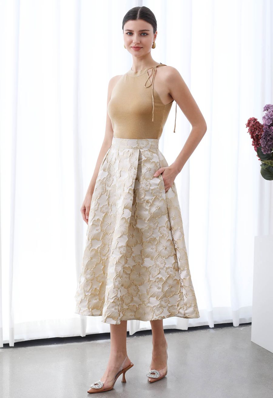 Thriving Golden Blossom Embossed Jacquard Midi Skirt