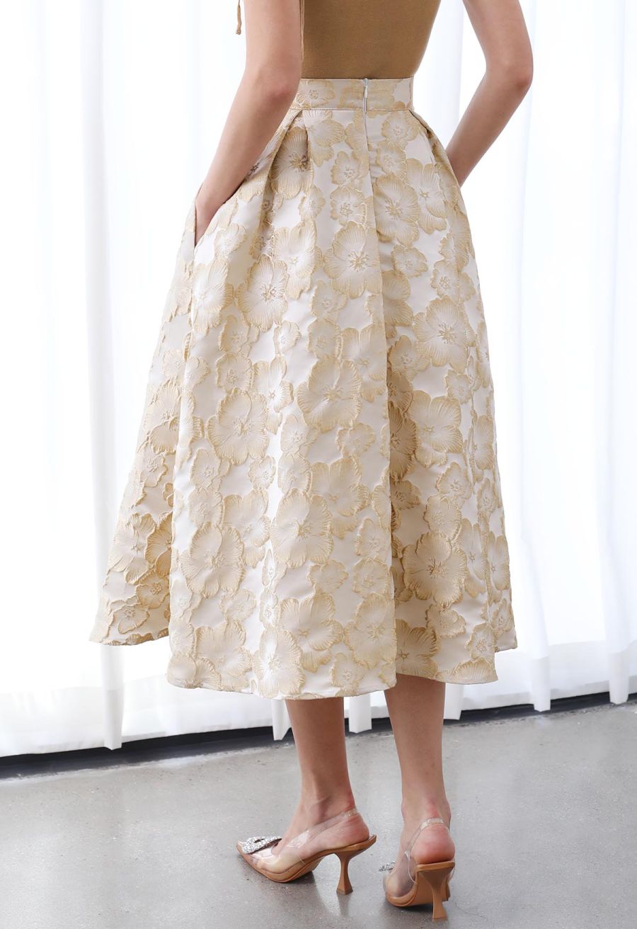 Thriving Golden Blossom Embossed Jacquard Midi Skirt