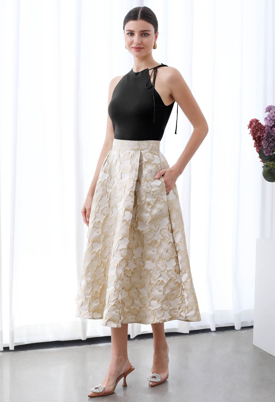 Self-Tie Halter Neck Crop Rib Knit Top in Black
