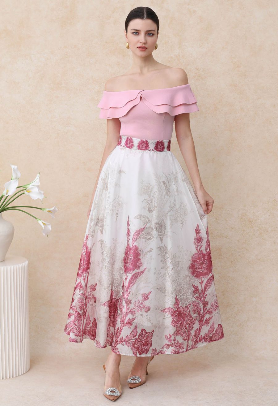 Sketch Pink Floral Half Elastic Waistband A-Line Maxi Skirt