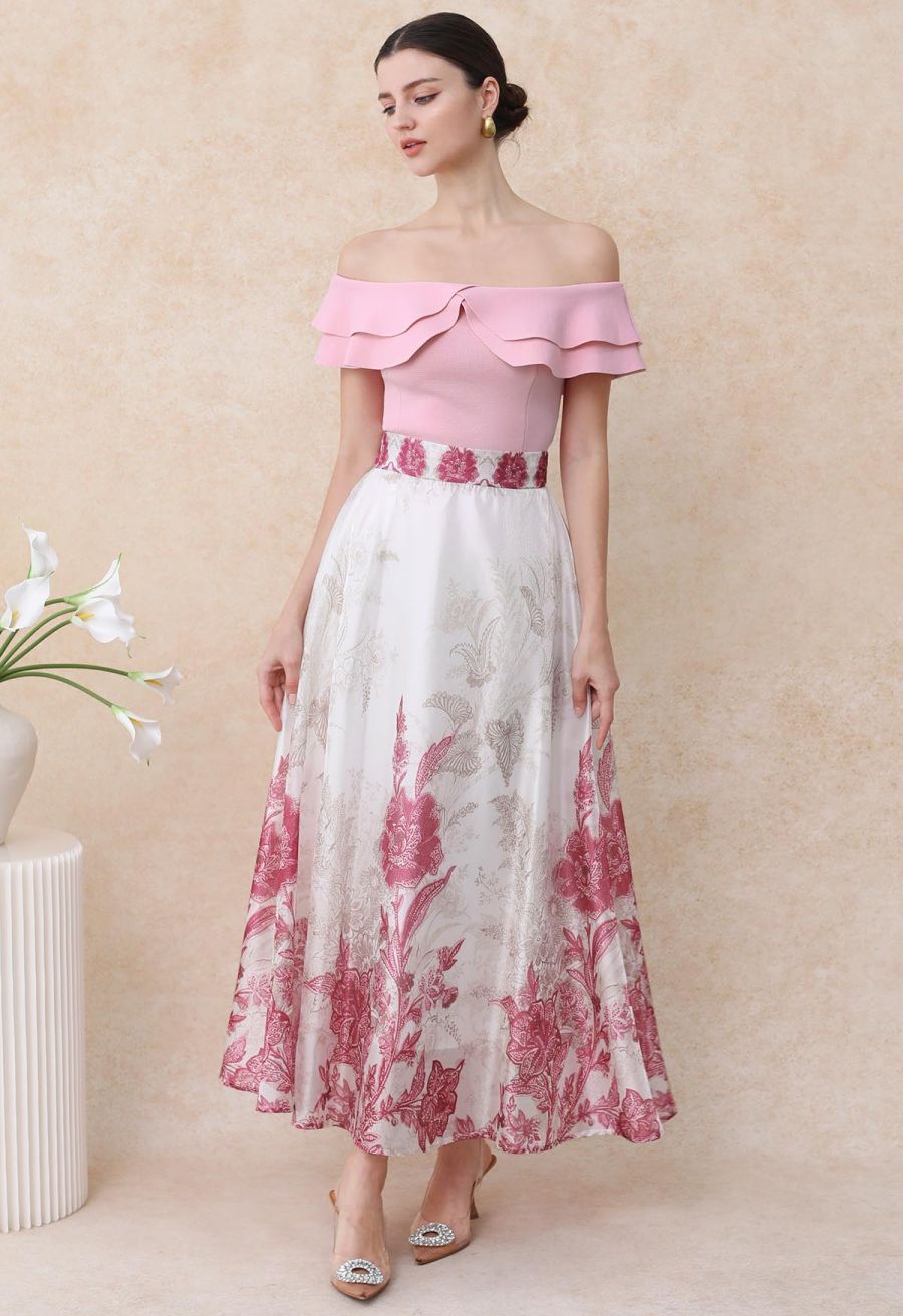 Sketch Pink Floral Half Elastic Waistband A-Line Maxi Skirt