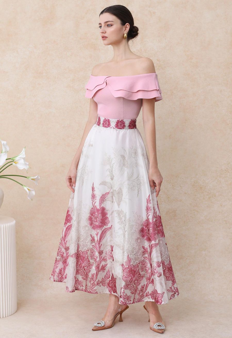 Sketch Pink Floral Half Elastic Waistband A-Line Maxi Skirt