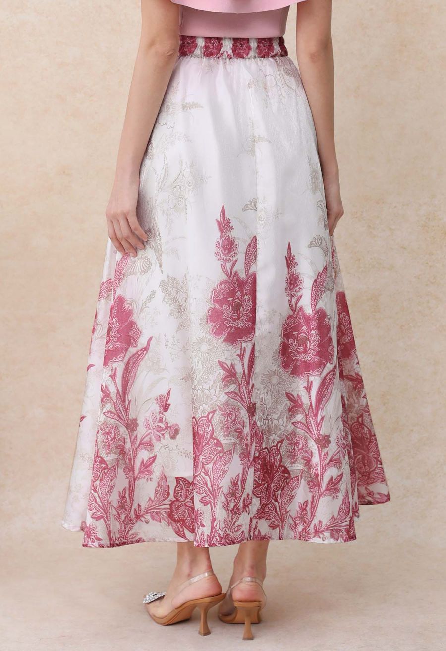 Sketch Pink Floral Half Elastic Waistband A-Line Maxi Skirt