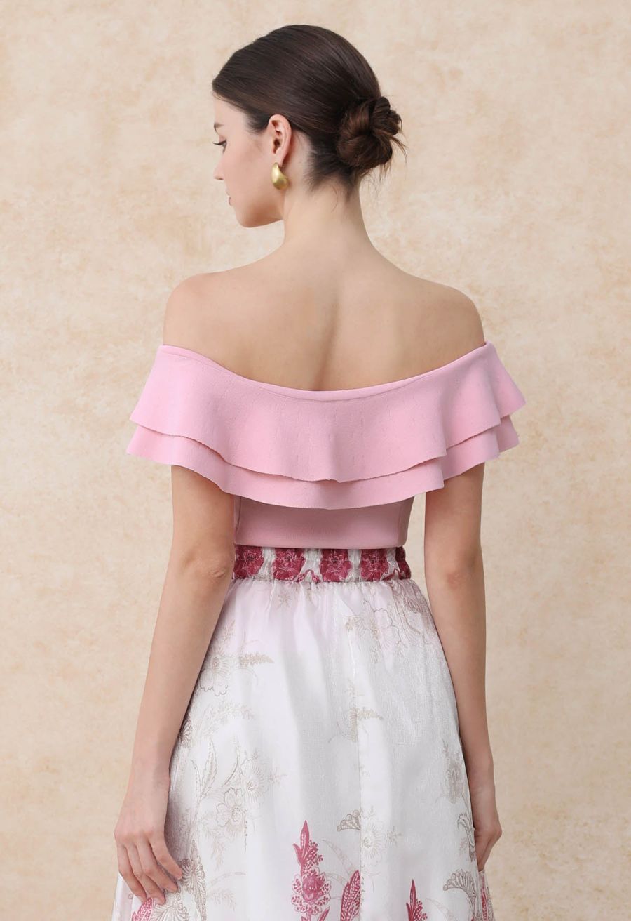 Off-Shoulder Tiered Cropped Knit Top in Light Pink