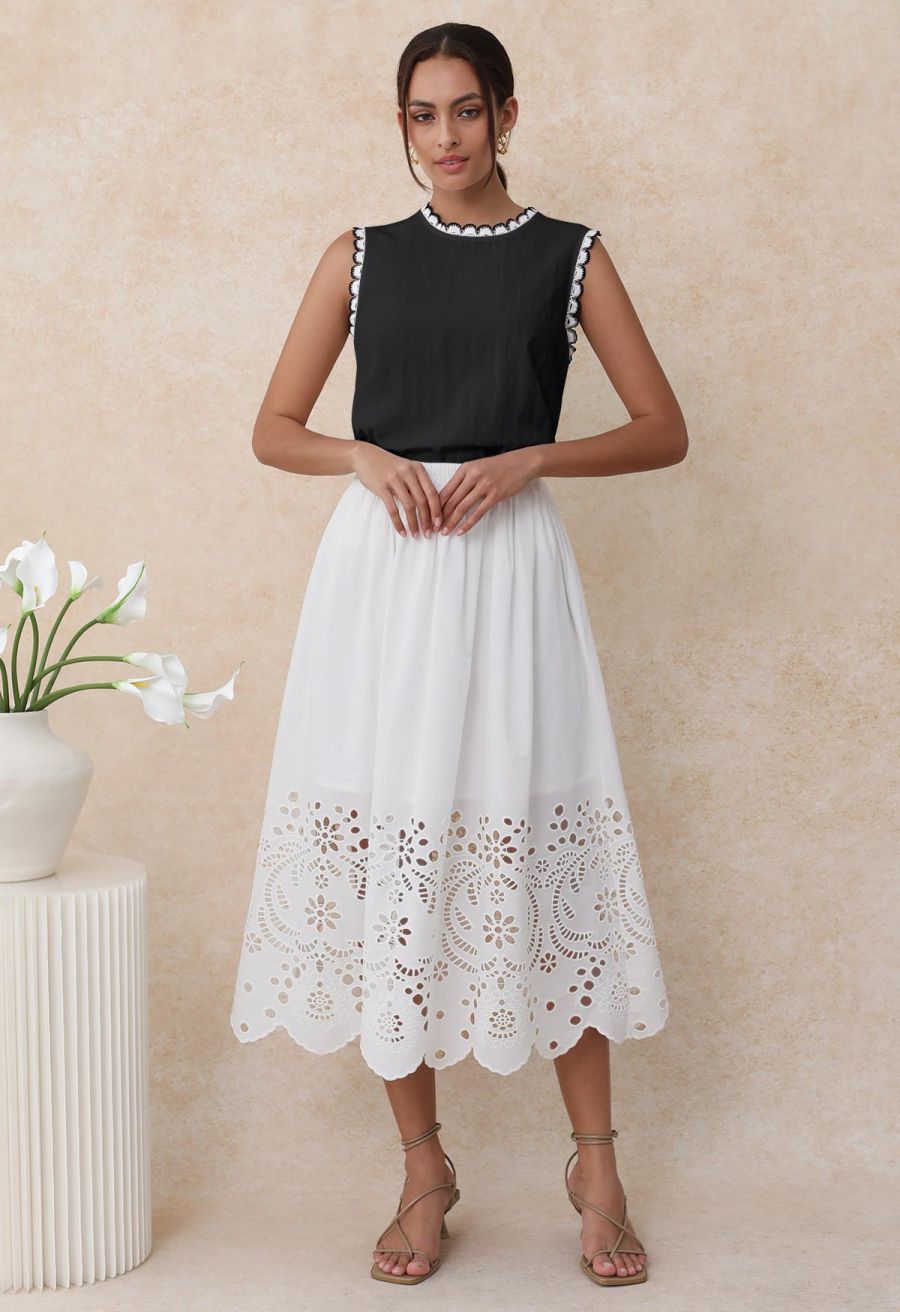 Contrast Crochet Edge Sleeveless Top in Black
