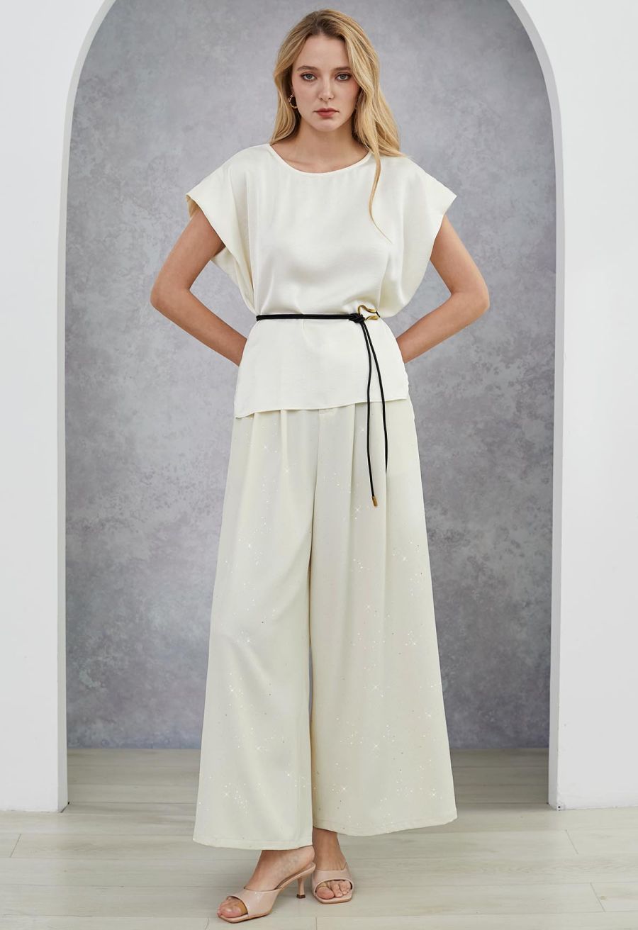Glitter Accent Wide-Leg Palazzo Pants in Ivory