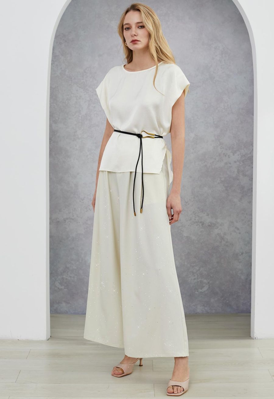 Glitter Accent Wide-Leg Palazzo Pants in Ivory