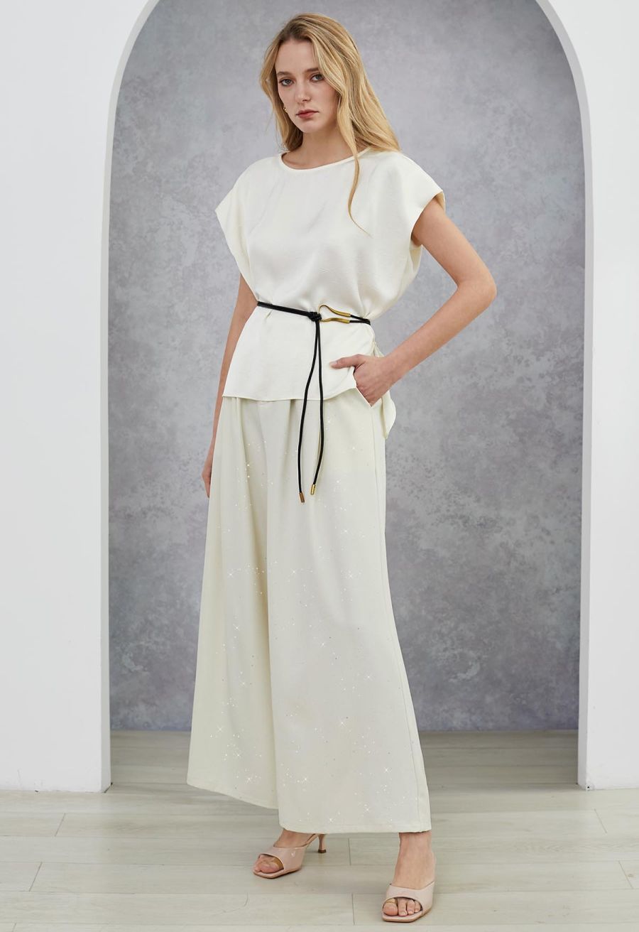 Glitter Accent Wide-Leg Palazzo Pants in Ivory
