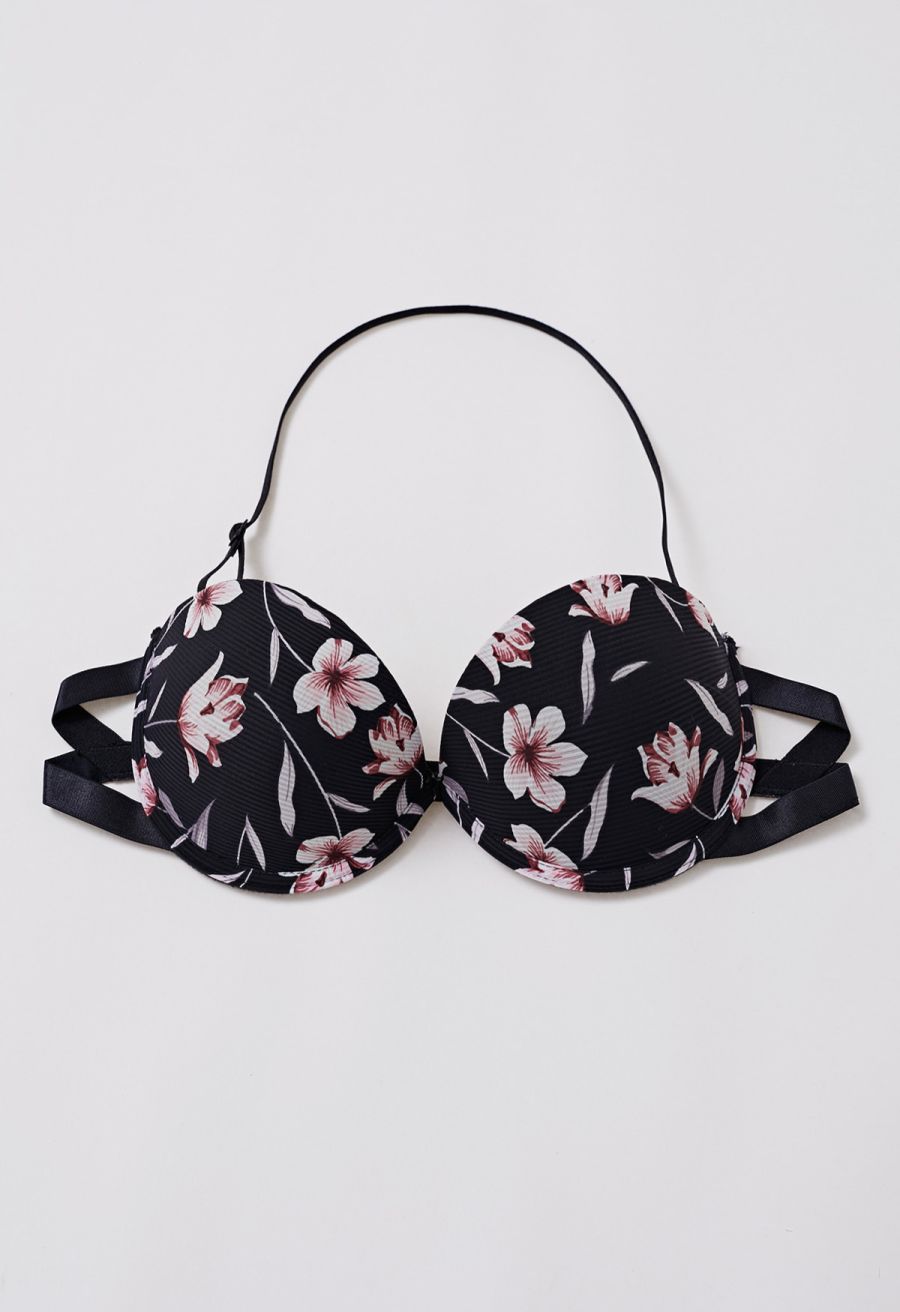 Floral Printed Halter Neck Push Up Bra Top in Black