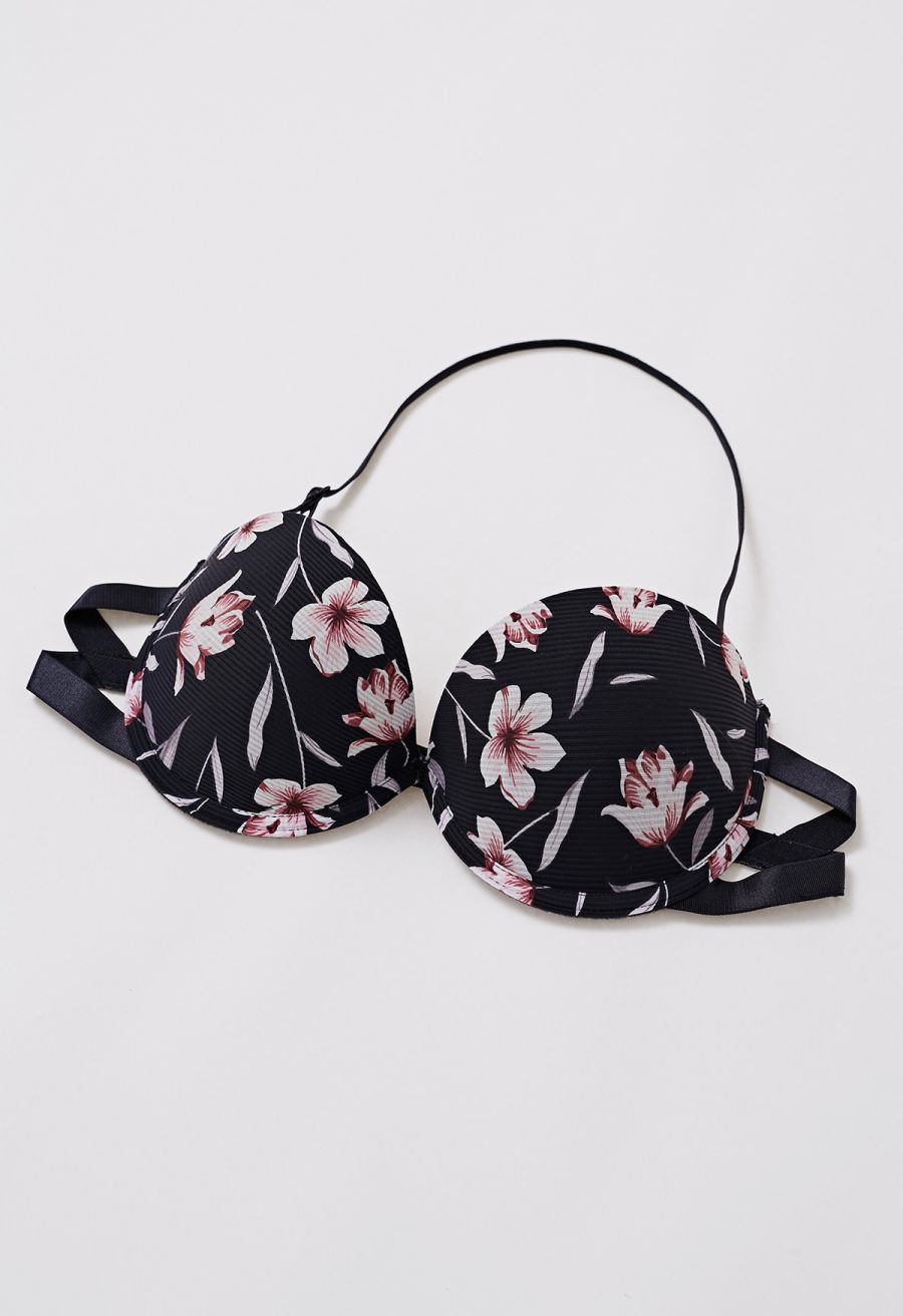 Floral Printed Halter Neck Push Up Bra Top in Black