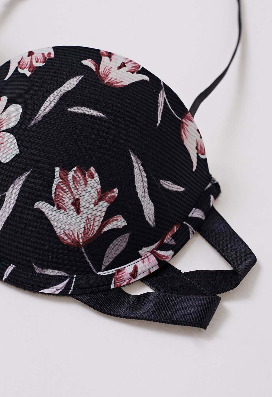 Floral Printed Halter Neck Push Up Bra Top in Black