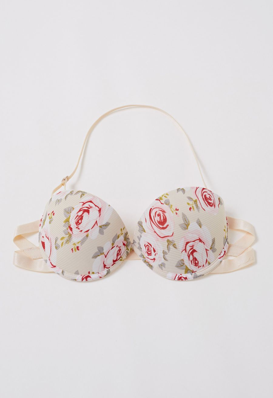 Floral Printed Halter Neck Push Up Bra Top in Cream