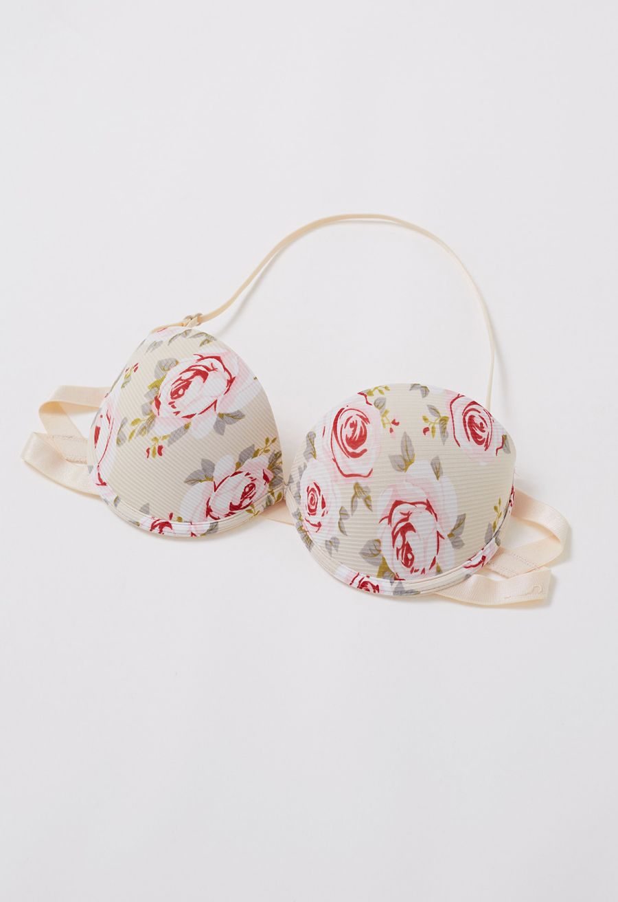 Floral Printed Halter Neck Push Up Bra Top in Cream