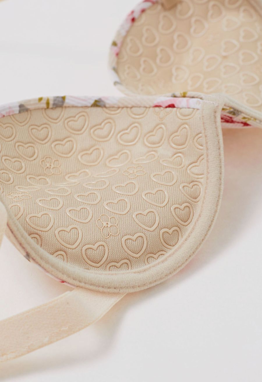 Floral Printed Halter Neck Push Up Bra Top in Cream