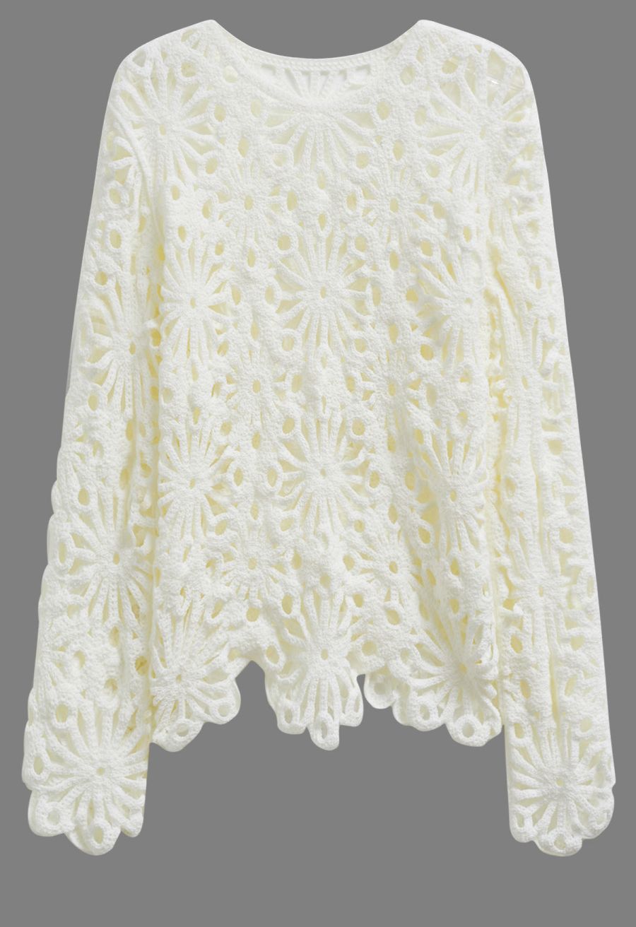 Floral Cutwork Crochet Long-Sleeve Asymmetric Top
