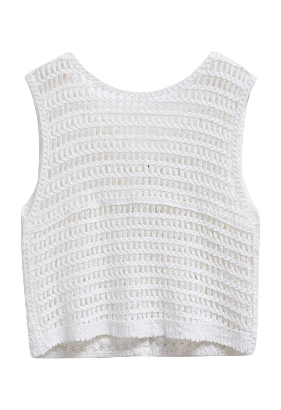 Sequined Floral Open-Knit Crochet Sleeveless Top in White