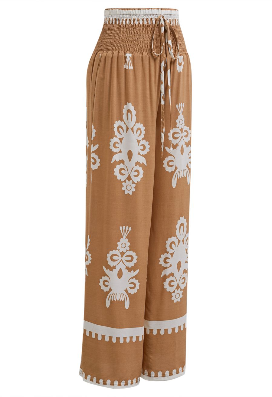 Tile Printed Shirred Waist Pants in Tan